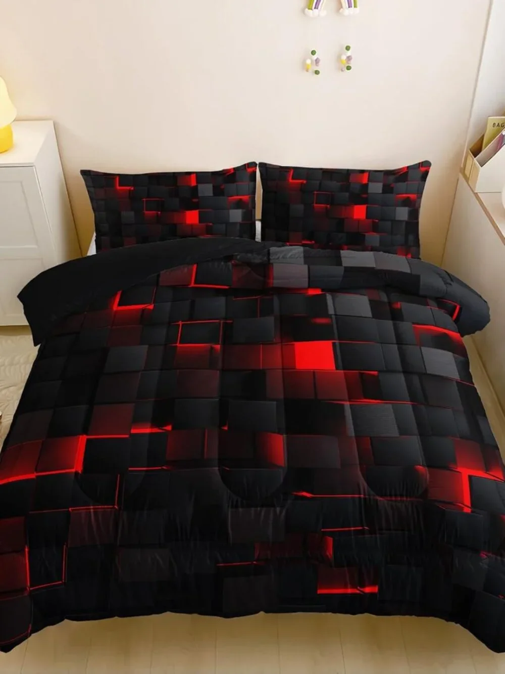 Neon Red Black Comforter Set King Geometric Kids Bedding Set,3 PCS Geometry Hone